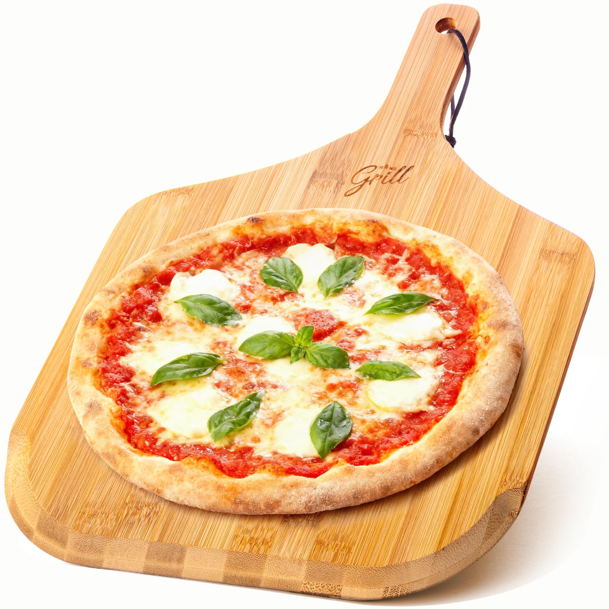 Hans Grill 12-inch bamboo pizza peel with edge for smooth oven transfers.