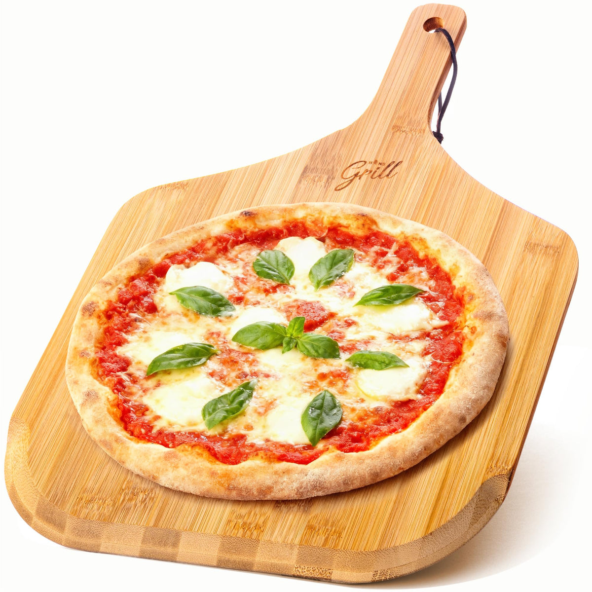 Hans Grill 12-inch bamboo pizza peel with edge for smooth oven transfers.