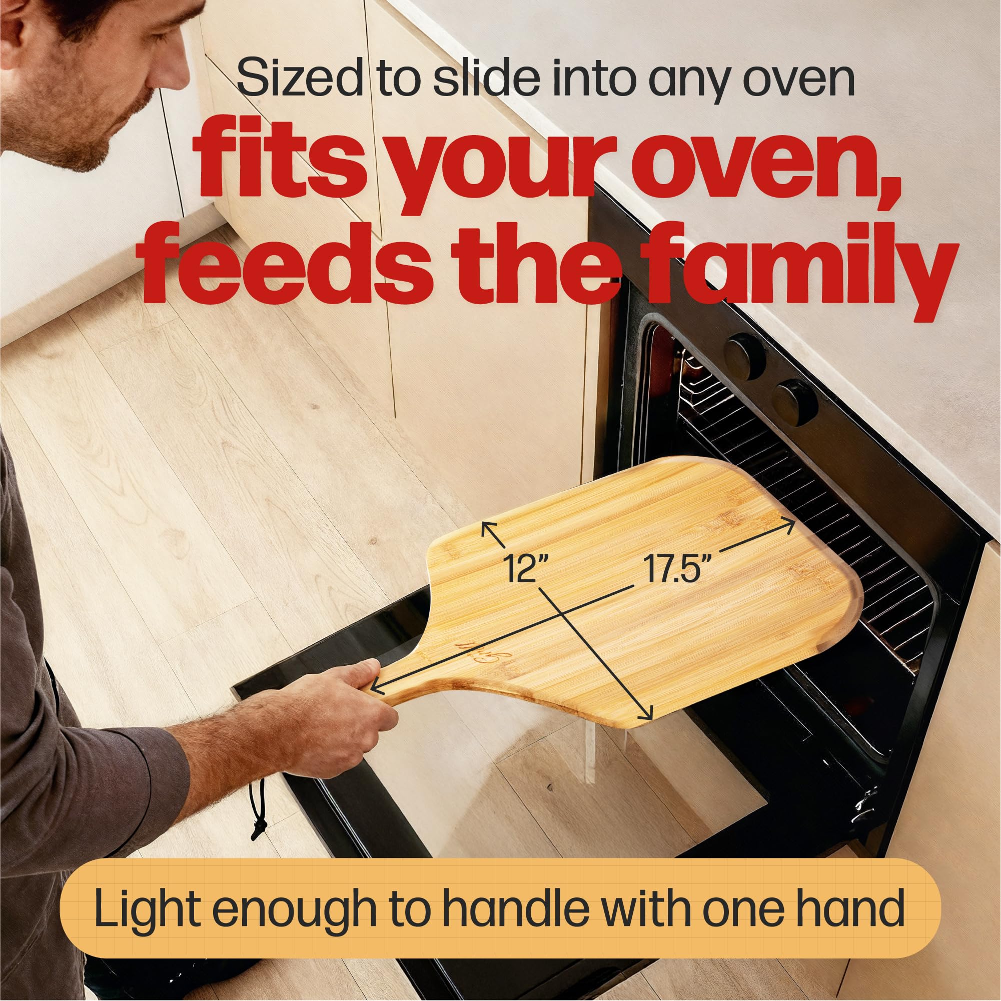 Hans Grill bamboo handle shown for comfortable, safe pizza transfers from oven.