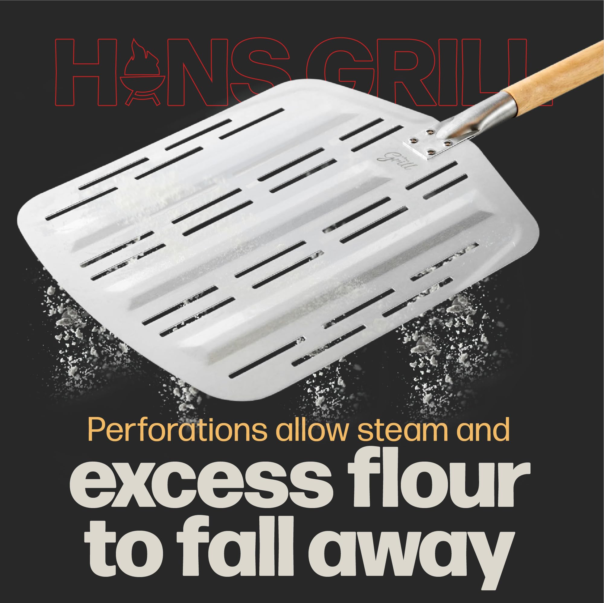 Hans Grill Pizza Peel PRO perforations vent steam for better crust.