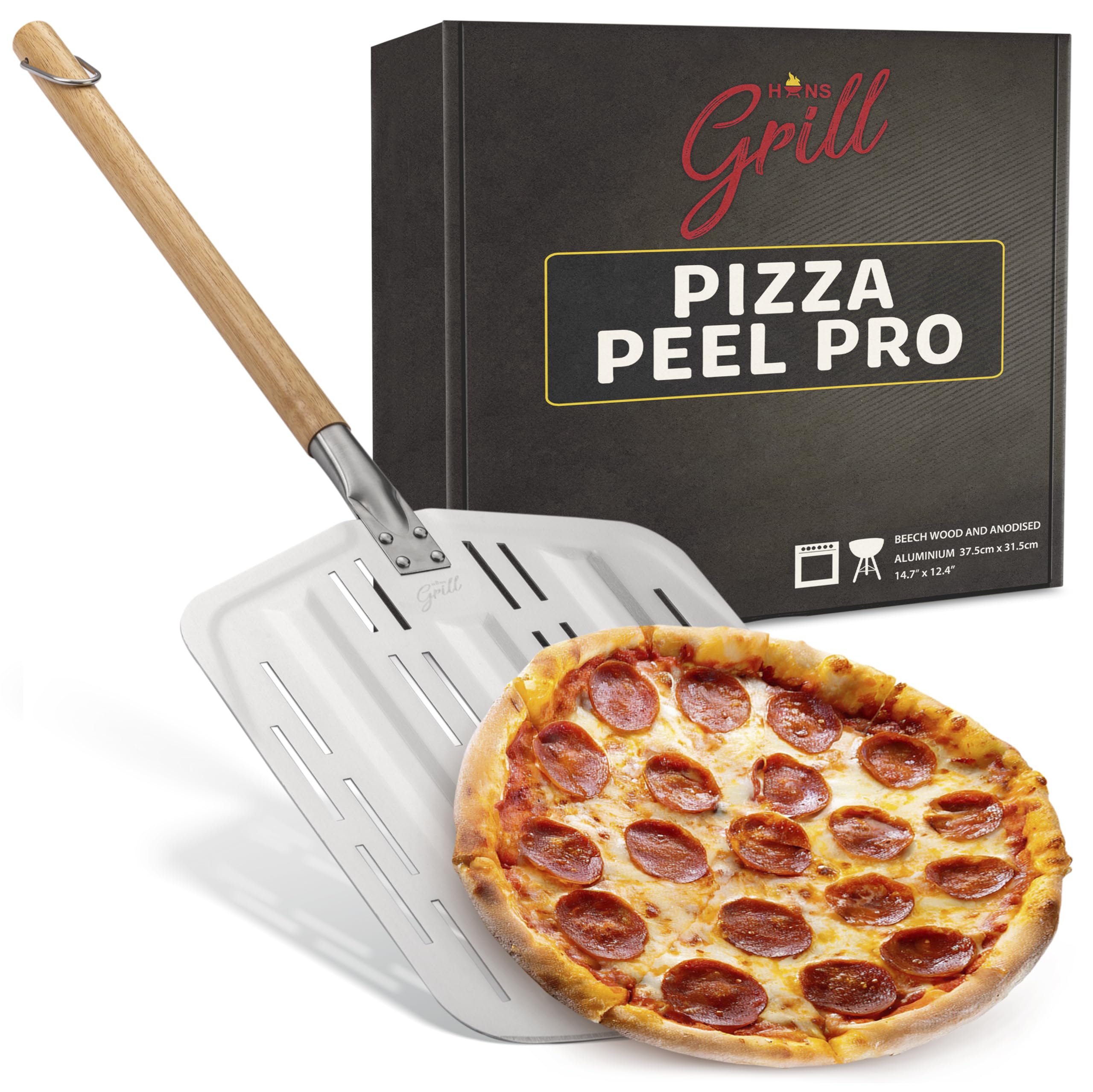 Hans Grill Pizza Peel PRO perforated surface aids crisp crust.