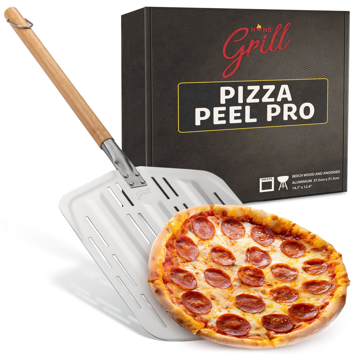 Hans Grill Pizza Peel PRO perforated surface aids crisp crust.