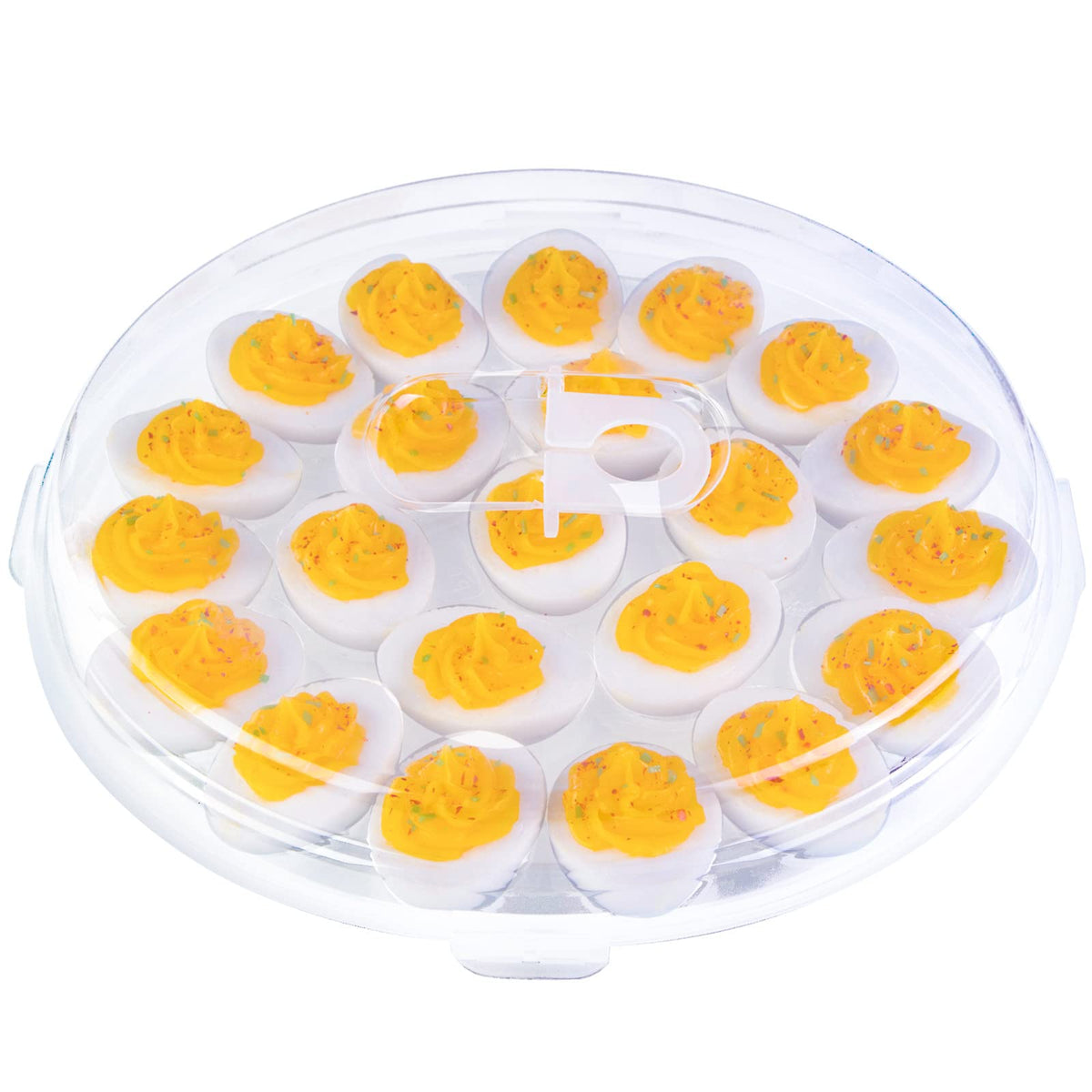 HANSGO deviled egg carrier with lid, top view showing secure snap closure.