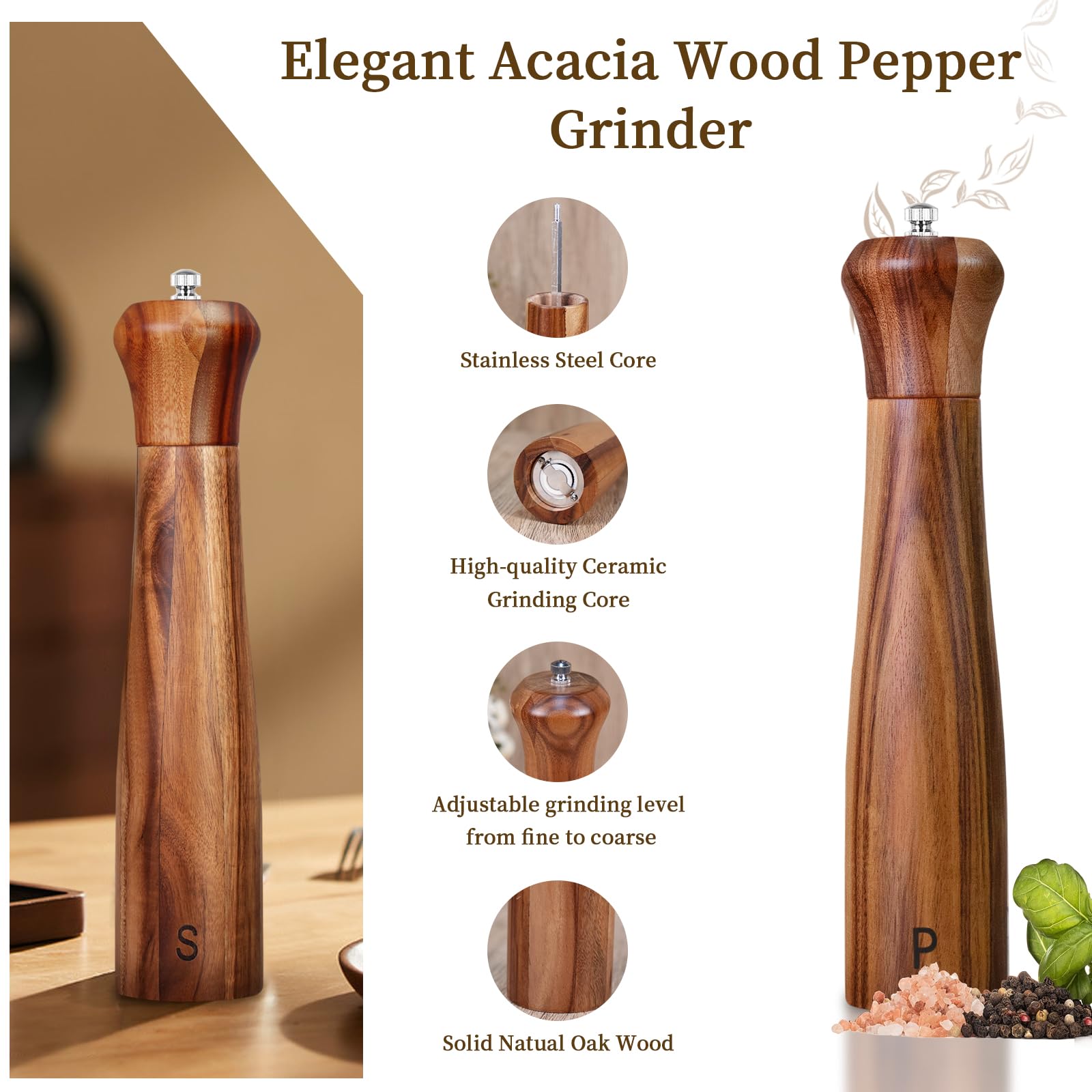 Haomacro acacia grinders on a modern dining table, complementing meals