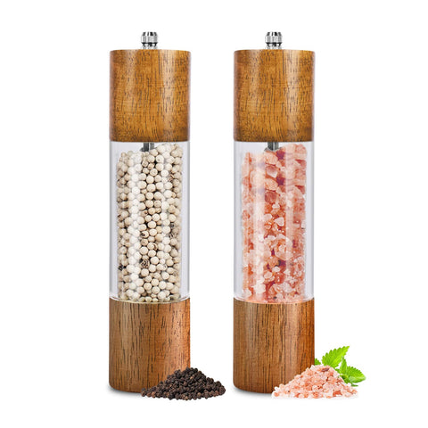 Haomacro salt and pepper grinders in oak and acrylic, stylish kitchen centerpiece.