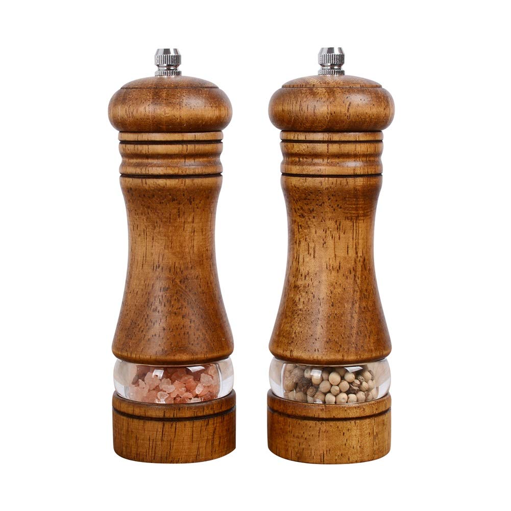 Haomacro wood salt and pepper grinder with window for easy spice identification.