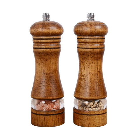 Haomacro wood salt and pepper grinder with window for easy spice identification.