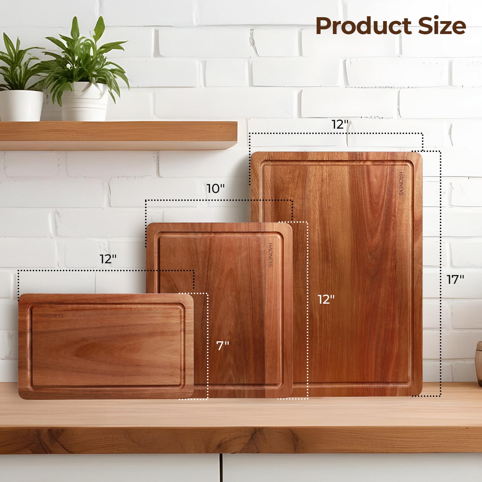 HAONEYS acacia cutting board 12x10 inches with built-in handles for easy transfer