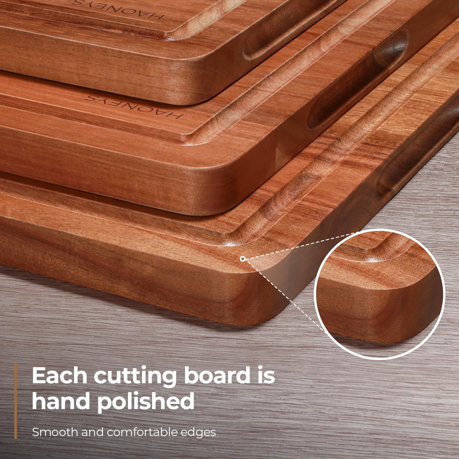 HAONEYS cutting board features a deep juice groove to catch liquids