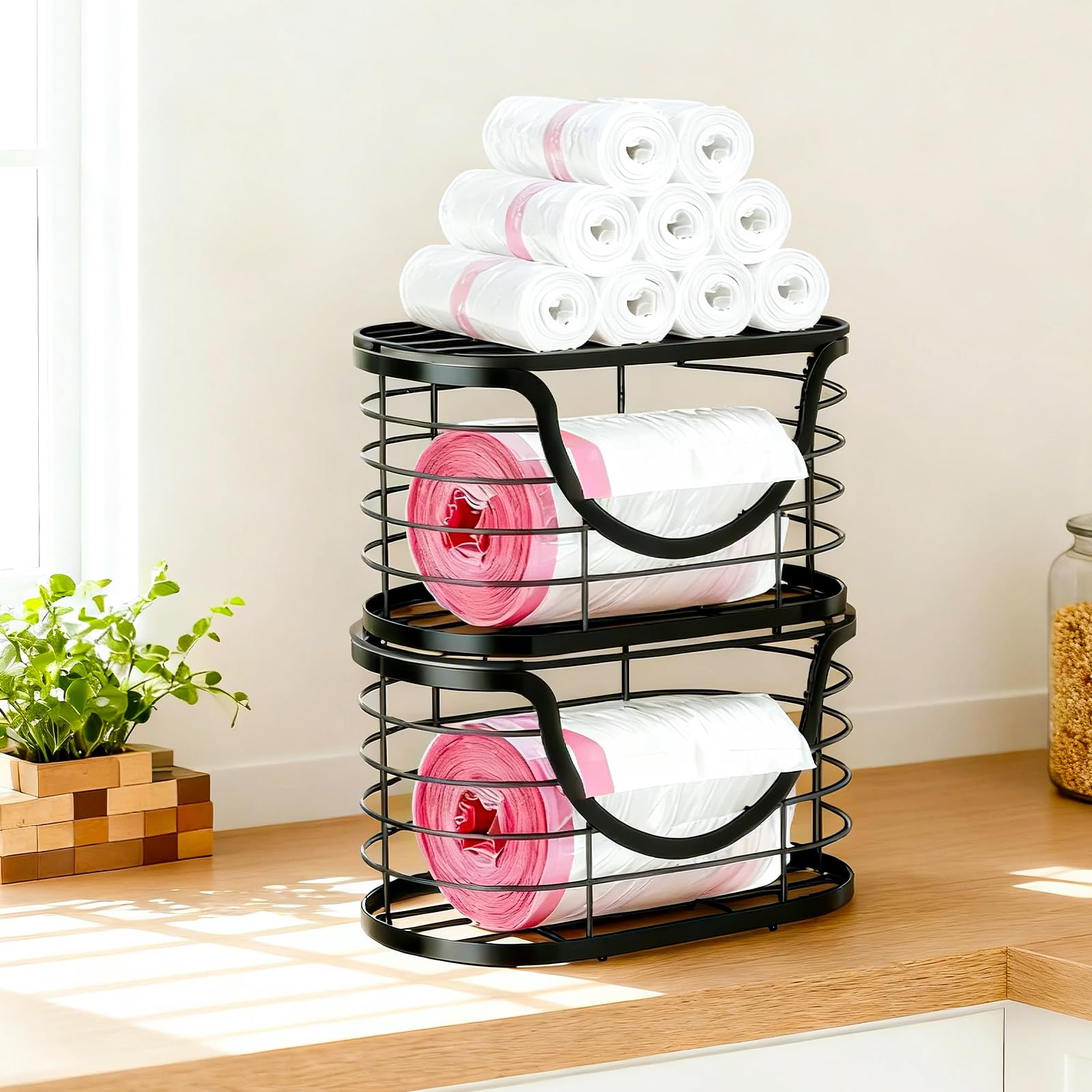 Haotao trash bag holder with bamboo lid top stabilizes stacked units.