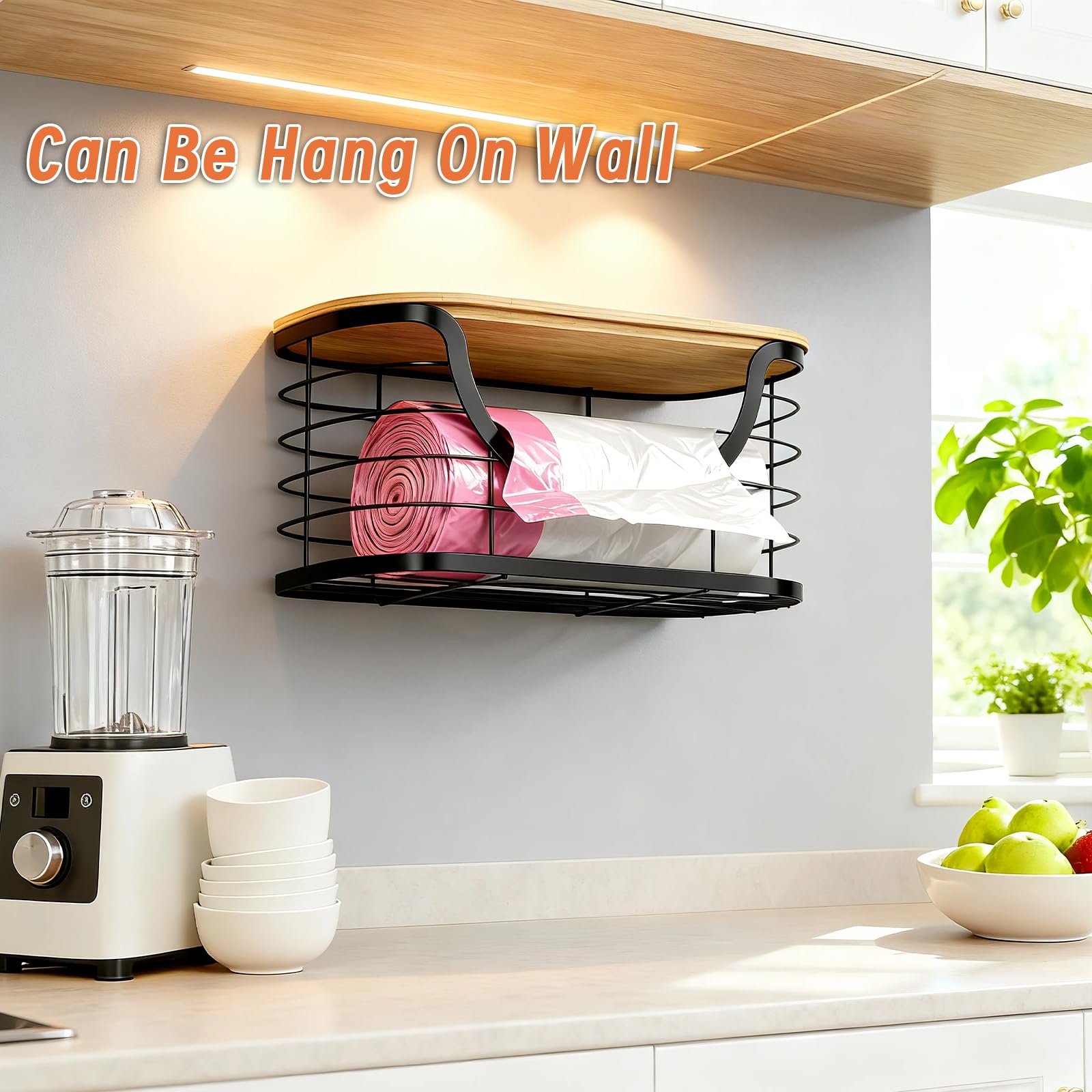 Haotao trash bag holder open-front dispenser allows quick bag removal.