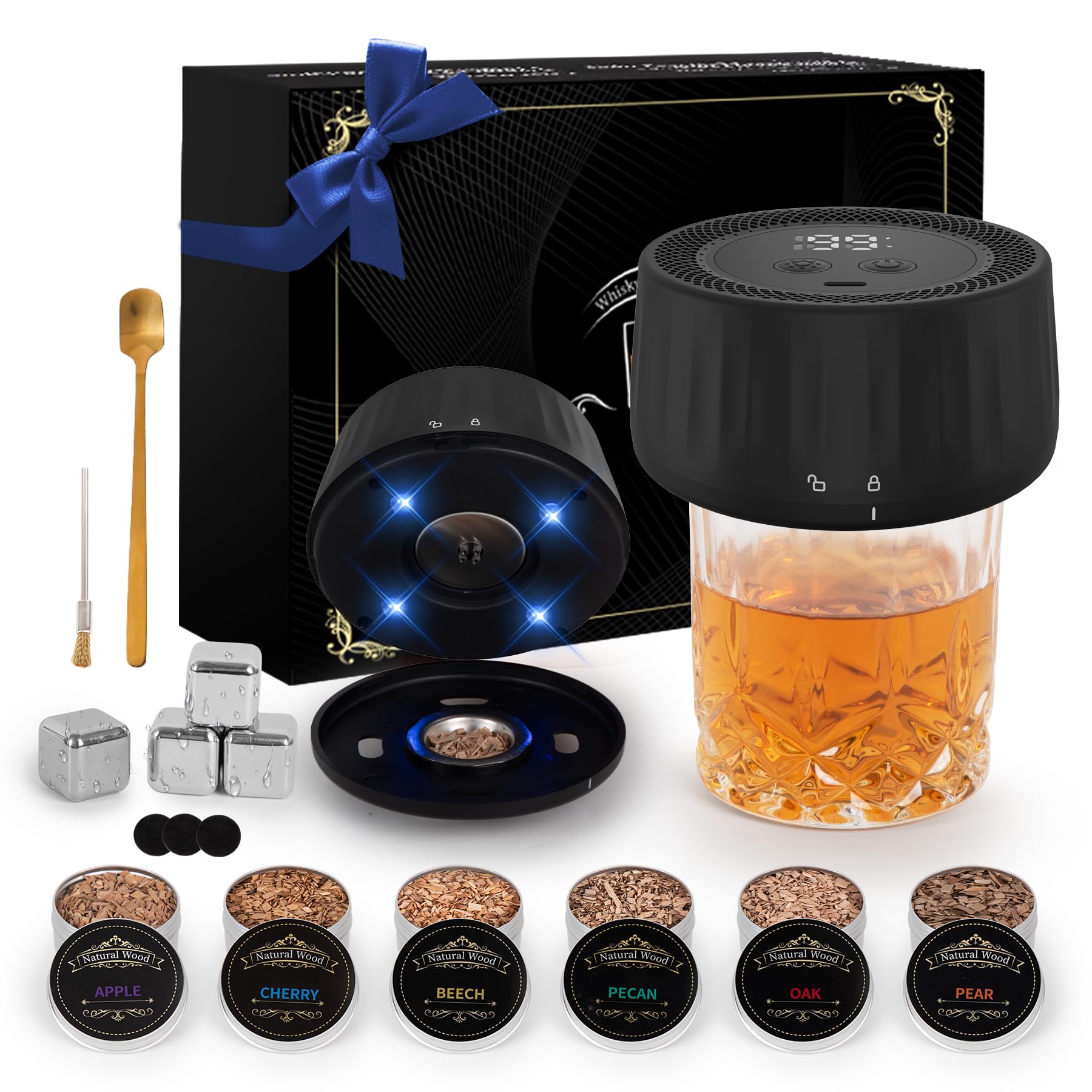 HAOYOUBI Electric Whiskey Smoker Kit with LED lights enhances ambience during home cocktails.