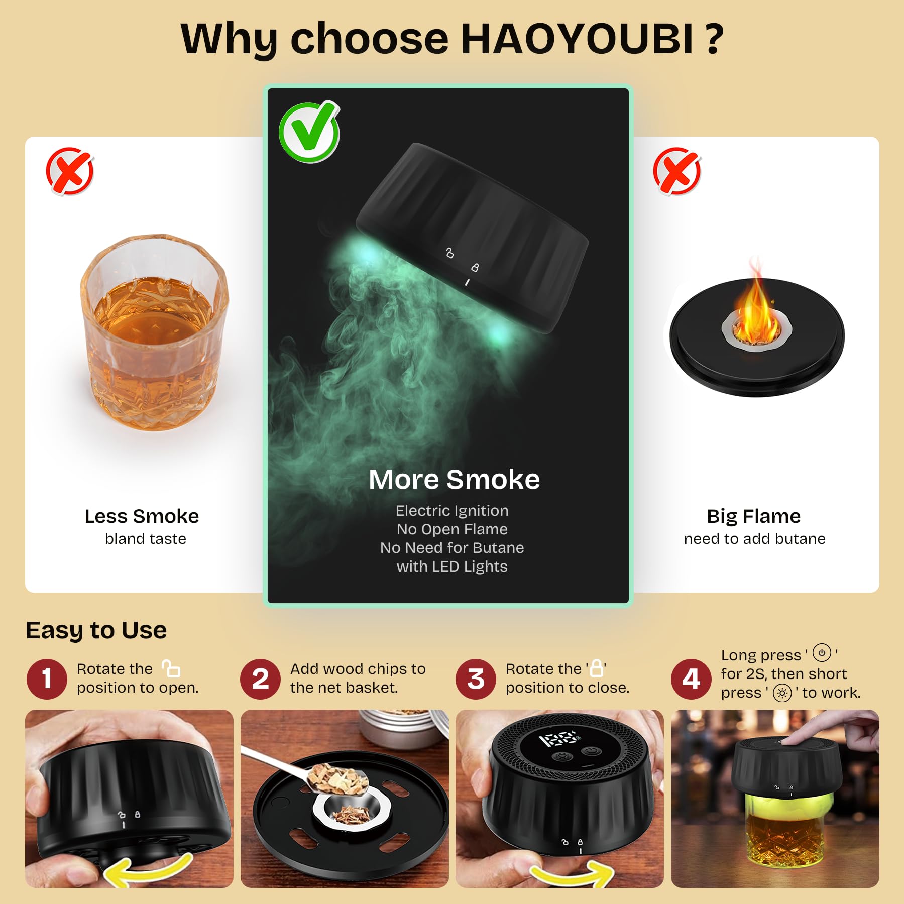 HAOYOUBI Wood chips offer flavors like oak and apple for richer drinks.