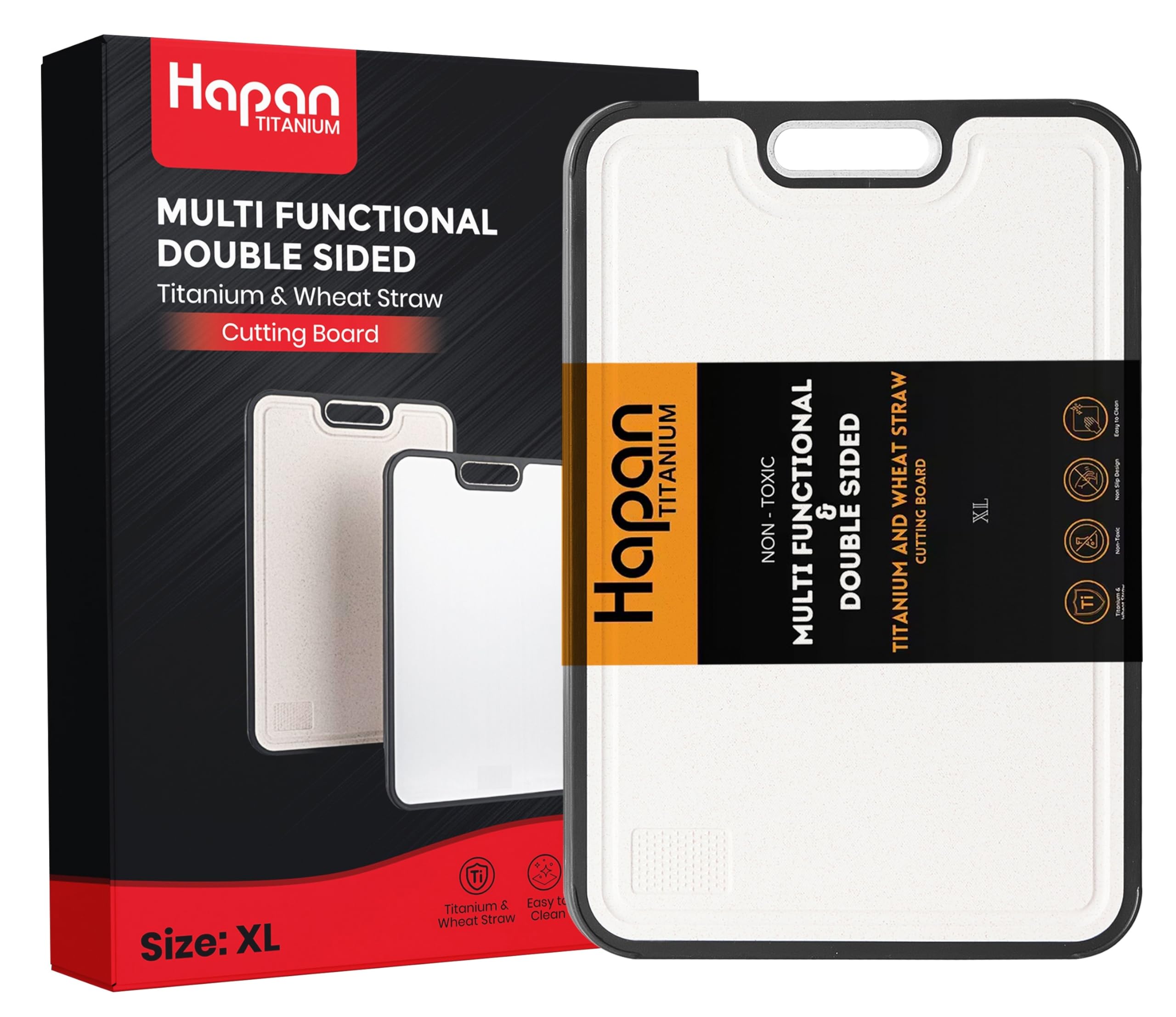 Hapan titanium cutting board front view shows durable double-sided versatility.