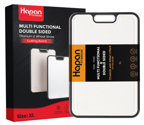 Hapan titanium cutting board front view shows durable double-sided versatility.