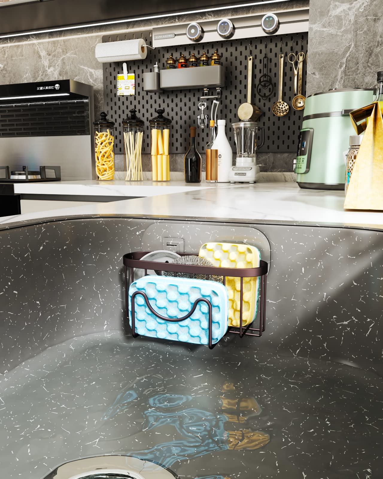 HapiRm compact dish soap holder saves counter space.