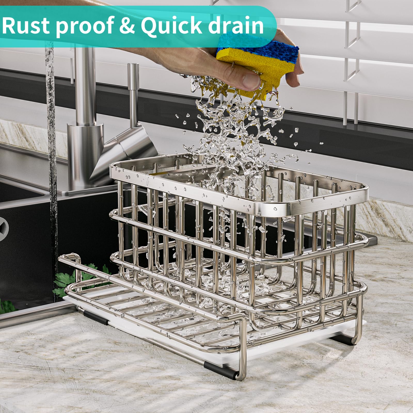 HapiRm drain tray bottom catches extra water for neater countertops.