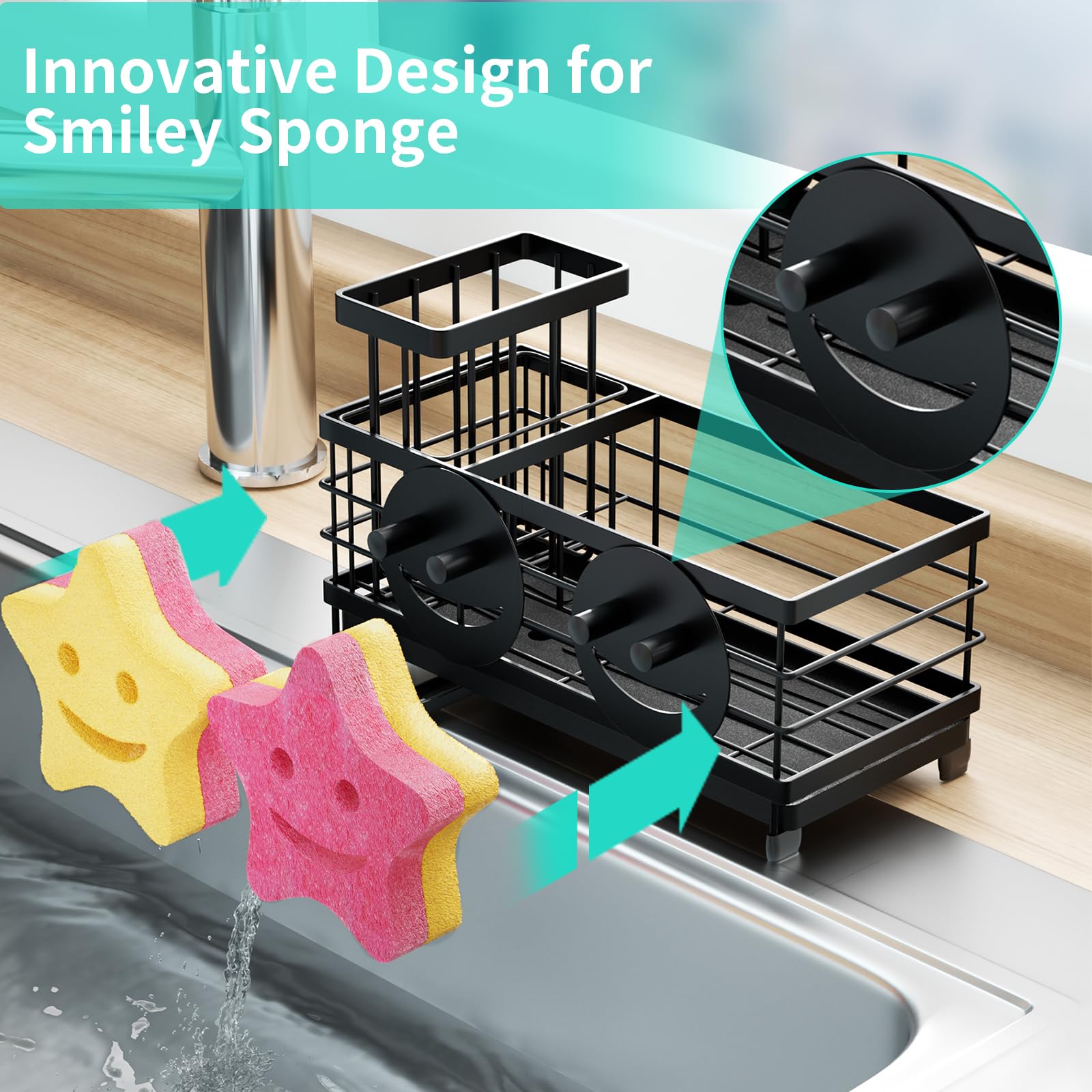 HapiRm sink caddy showing 360° drainage for dry countertops.