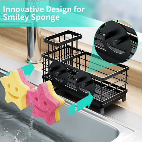 HapiRm sink caddy showing 360° drainage for dry countertops.
