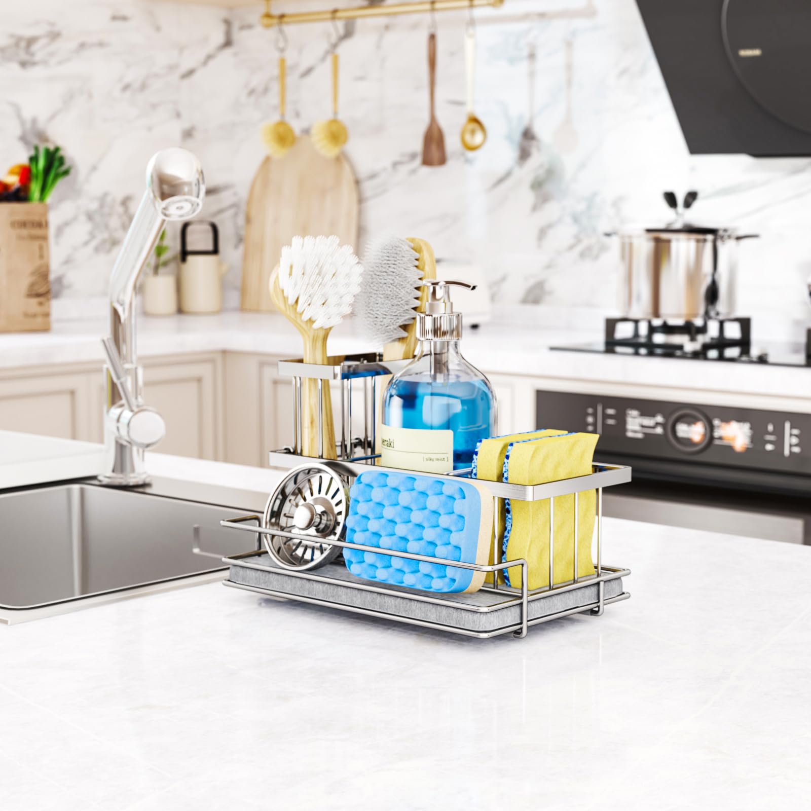 HapiRm anti-slip feet keep the caddy steady on wet countertops.