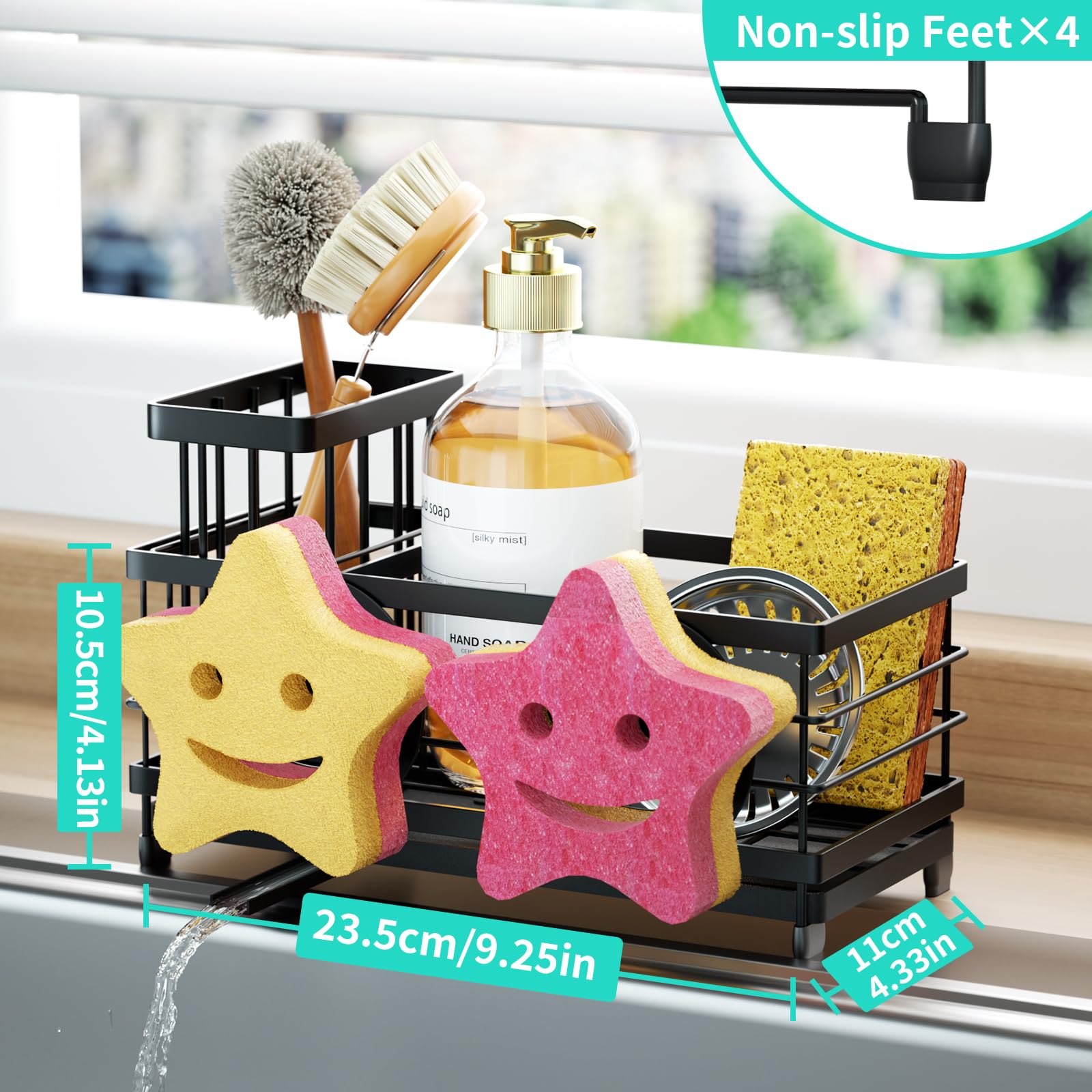 Three compartments organized for sponges, detergent, and stopper.
