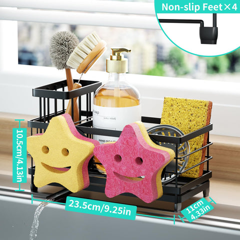 Three compartments organized for sponges, detergent, and stopper.