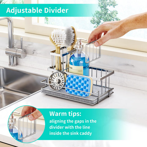 HapiRm compact sink caddy fits on the counter; dimensions 8.66 x 5.31 x 3.54 inches.