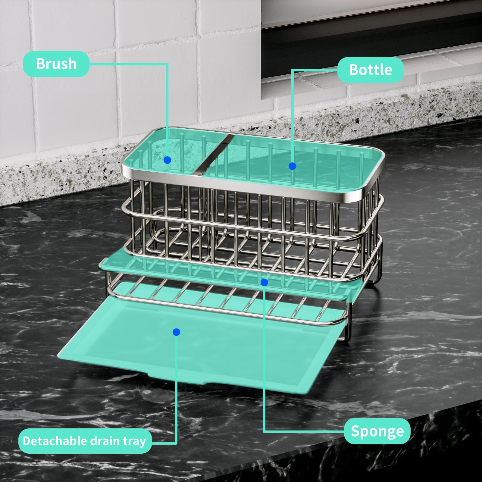 HapiRm sponge holder for kitchen sink with a drain tray for quick drying.