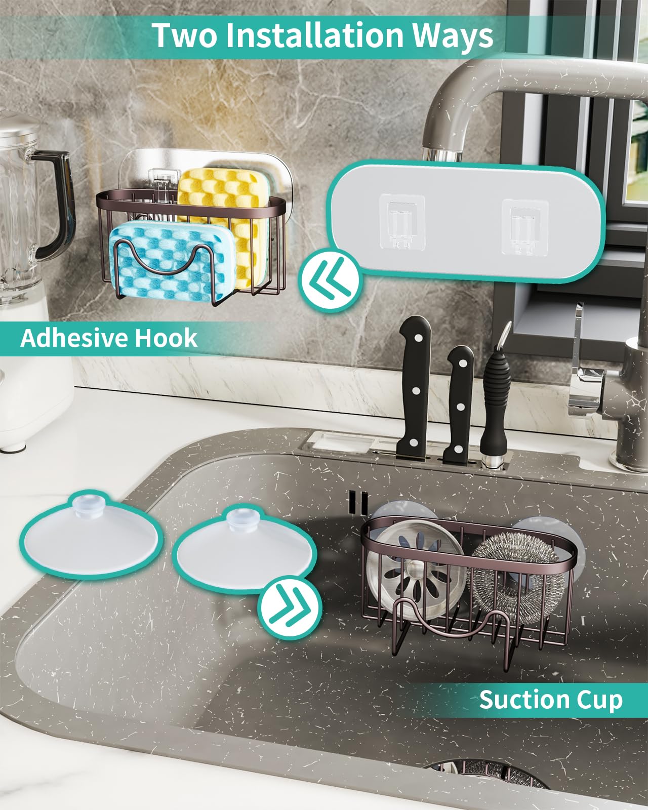 HapiRm stainless steel brush and sponge holder with rust-resistant coating.