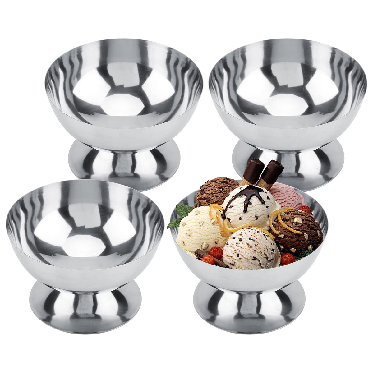 Hapivida ice cream cup set in polished stainless steel, perfect for elegant desserts.