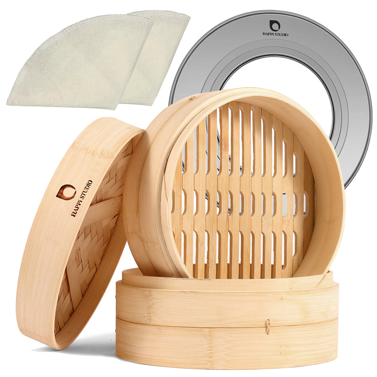 HAPPI STUDIO Bamboo Steamer Basket 10-inch 2-Tier ready for dumplings and dim sum.