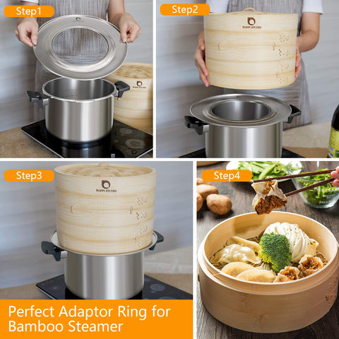 HAPPI STUDIO Bao buns steaming in bamboo steamer preserves texture.