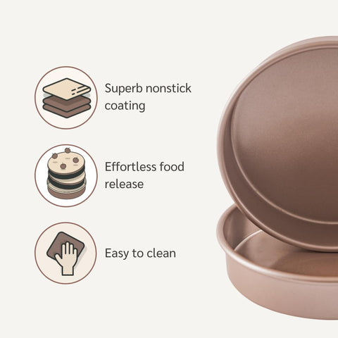 HAPPIELS two-pack 9-inch pans ideal for two-layer cakes with even layers.