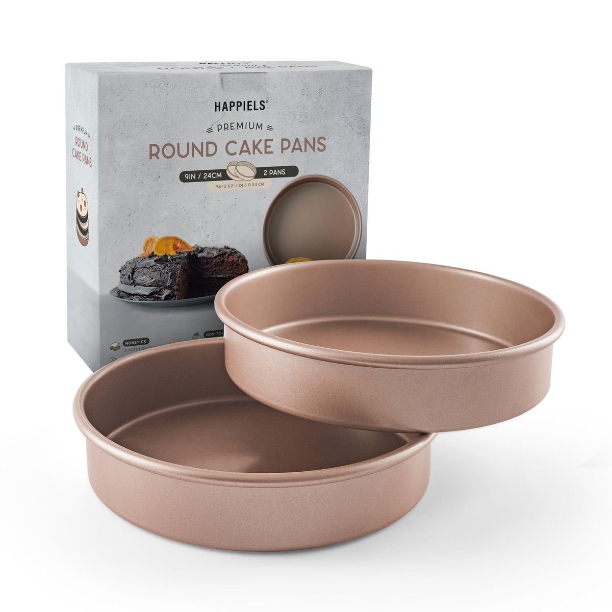 HAPPIELS 9-inch round cake pan with rolled rim for durable baking.