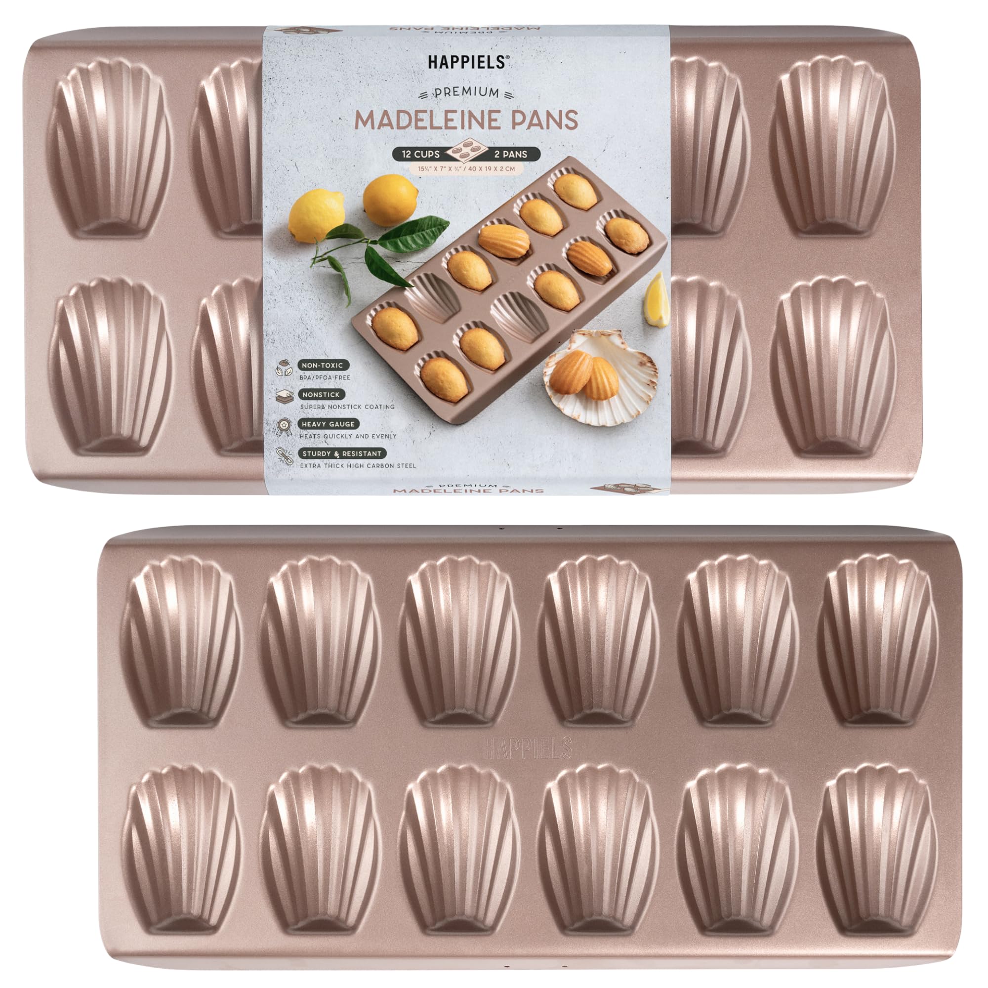 HAPPIELS 12-well Madeleine pan in champagne gold for effortless release.