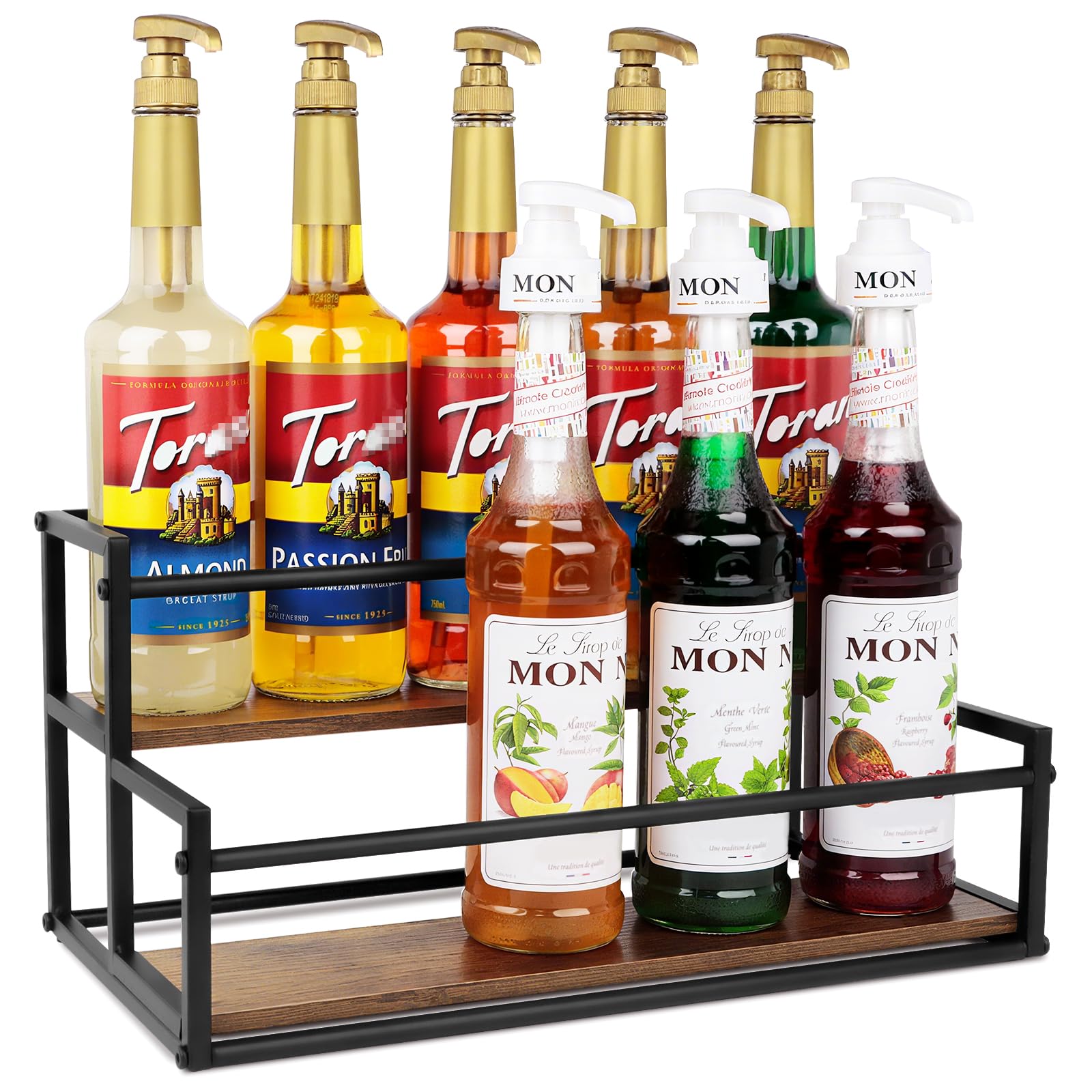 Happilif coffee syrup rack 2-tier front view shows organized bottles for quick flavor access.