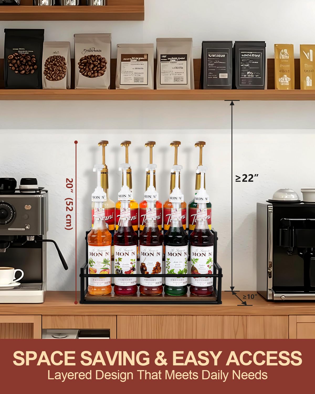 Happilif coffee syrup rack 2-tier side view highlights sturdy iron frame and stable base.