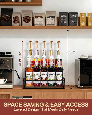 Happilif coffee syrup rack 2-tier side view highlights sturdy iron frame and stable base.