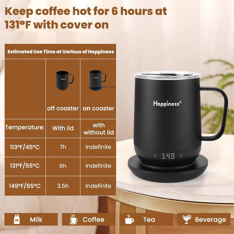 Happiness heated mug shows battery level and temperature for easy planning.