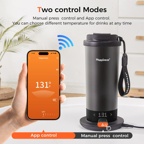 Happiness self-heating mug battery indicators visible on the base