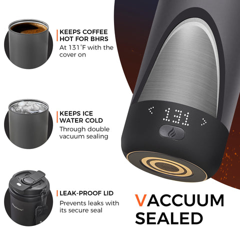 Happiness self-heating mug charging coaster shown with mug on top