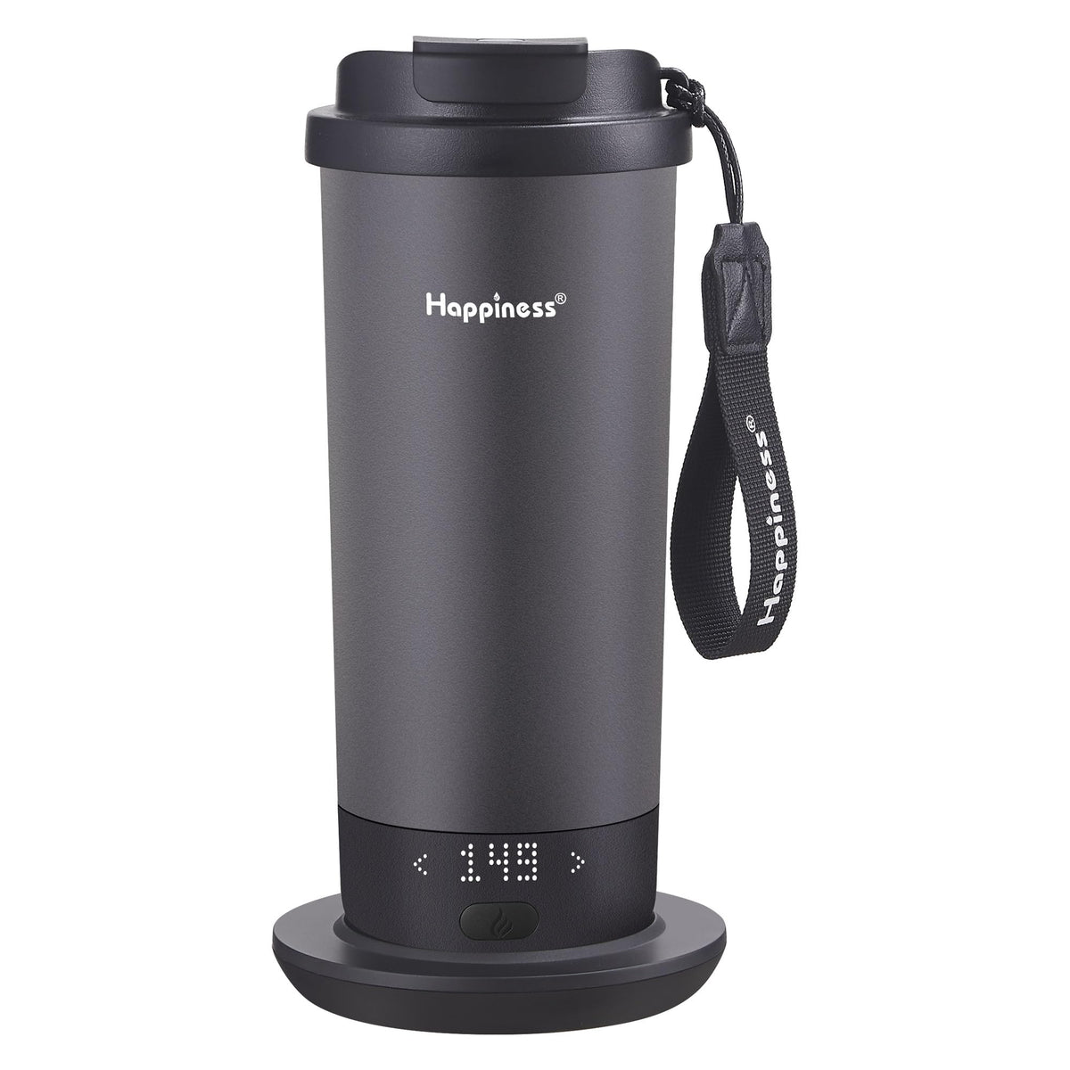 Happiness self-heating mug front view showing 20oz capacity and sleek design for on the go warmth
