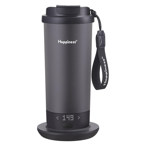 Happiness self-heating mug front view showing 20oz capacity and sleek design for on the go warmth