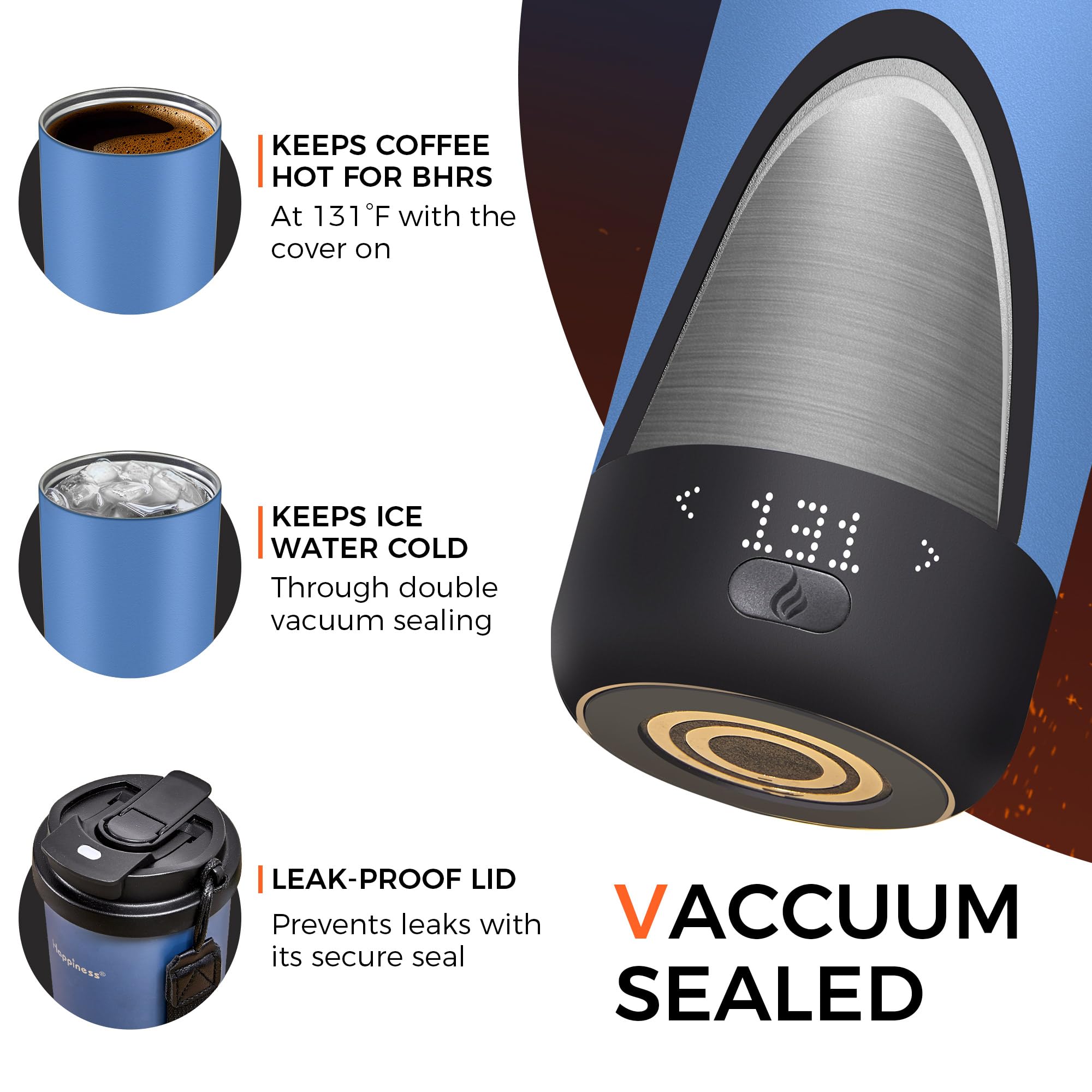 Includes spill-resistant lid and charging coaster for convenience