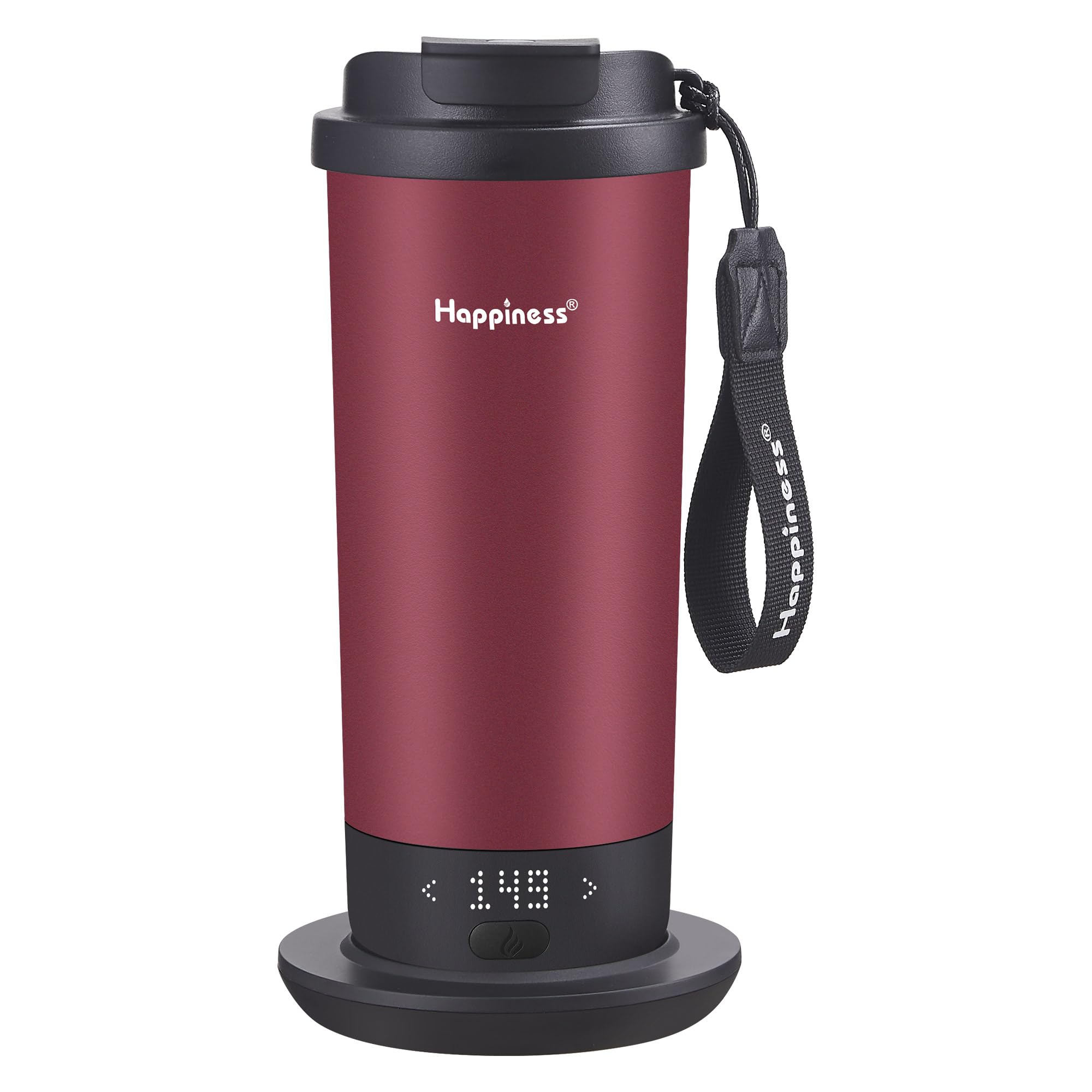 Happiness self-heating travel mug 20oz side view keeps beverages warm on the go