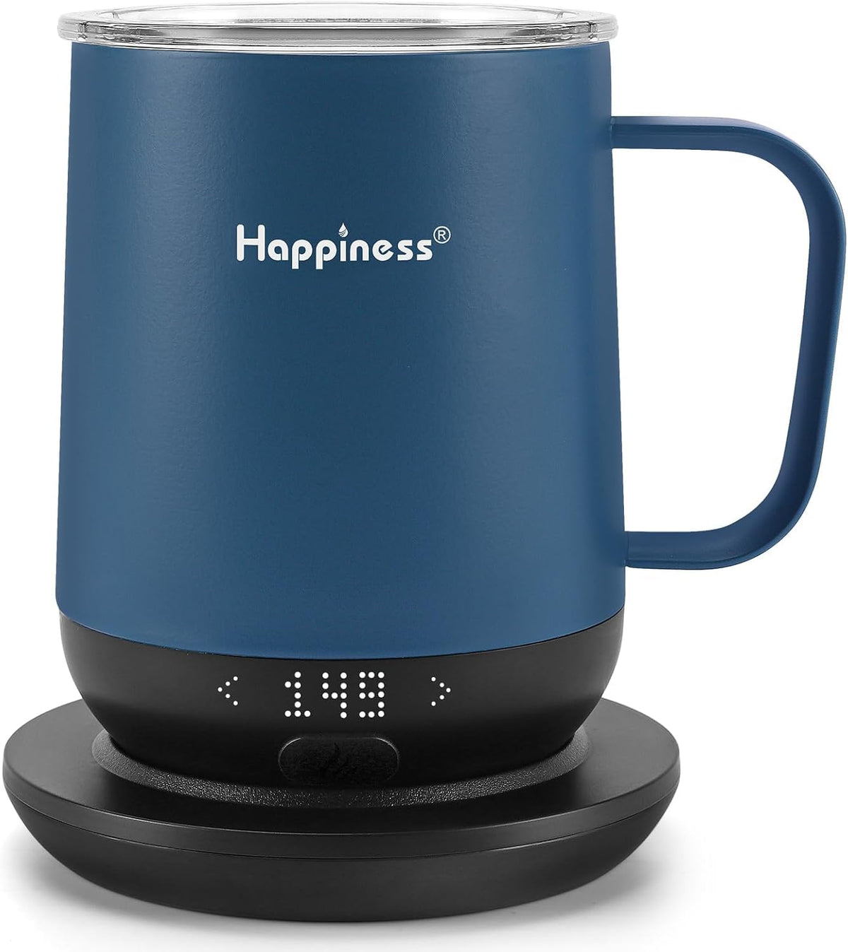 Happiness smart coffee mug on a desk keeps beverage warm and ready