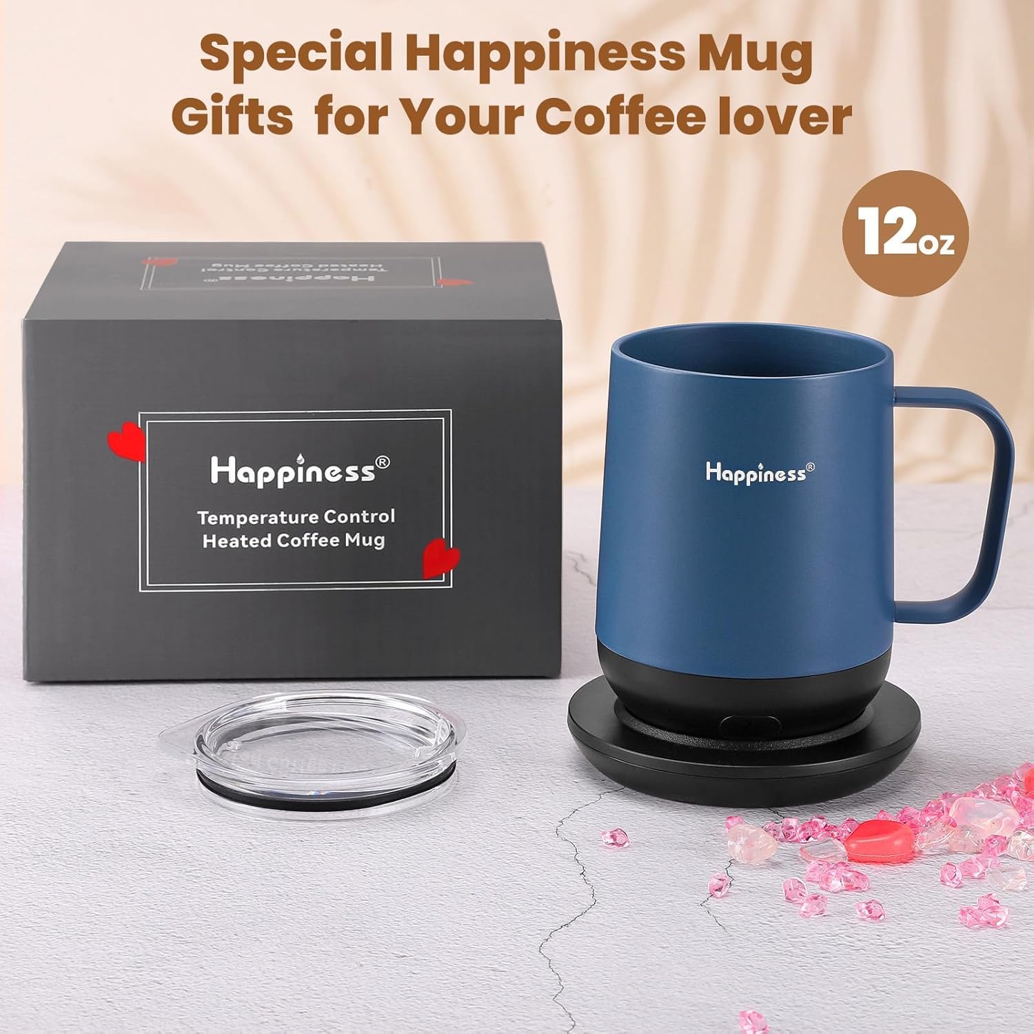 Happiness mug with app connection displayed on smartphone