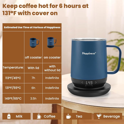Happiness mug bottom button and app enable customizable temperature