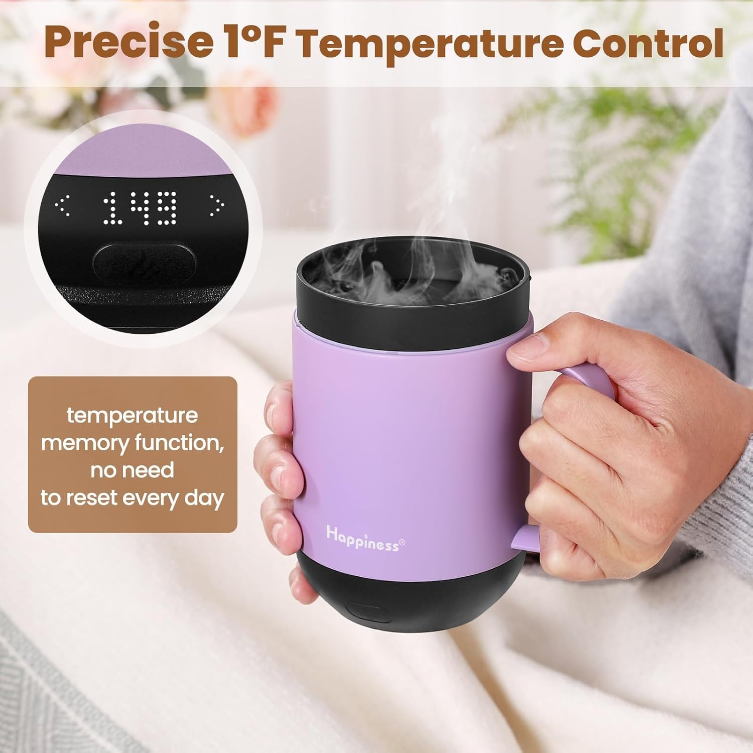 Happiness mug on charging coaster displays battery life for planning.