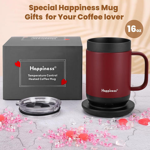 Happiness mug on charging coaster ready for extended use
